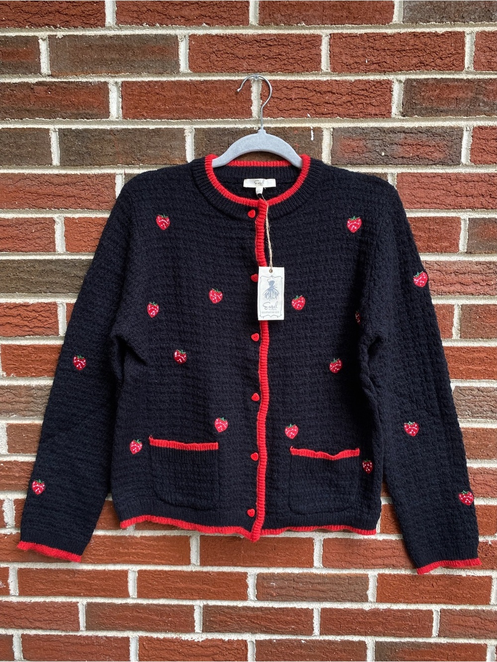 Easel Knit Strawberry Cardigan Sweater Black Red Embroidery Pockets Size L NWT
